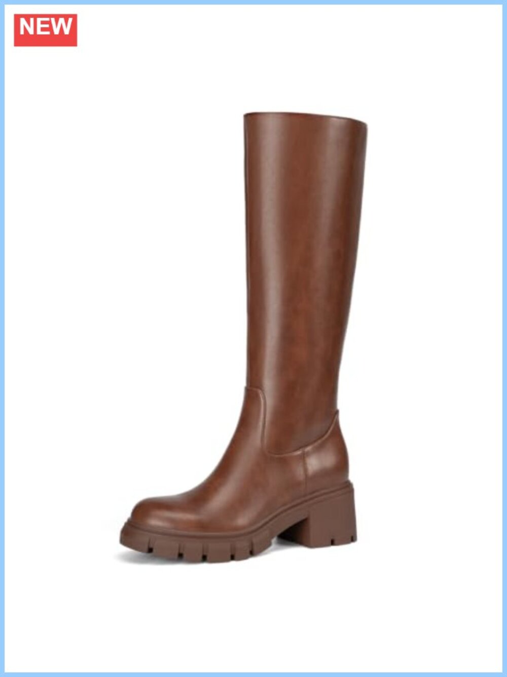 PU Leather Knee High Platform Boots Round Toe Chunky Lug Sole Side Zip